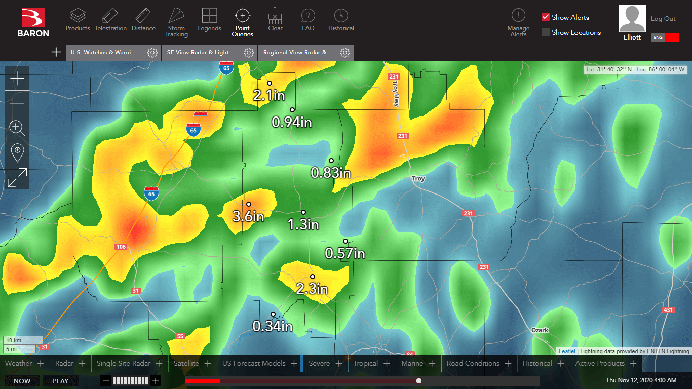 克伦肖县不同地区的降雨量数据显示在 Baron Threat Net 上。