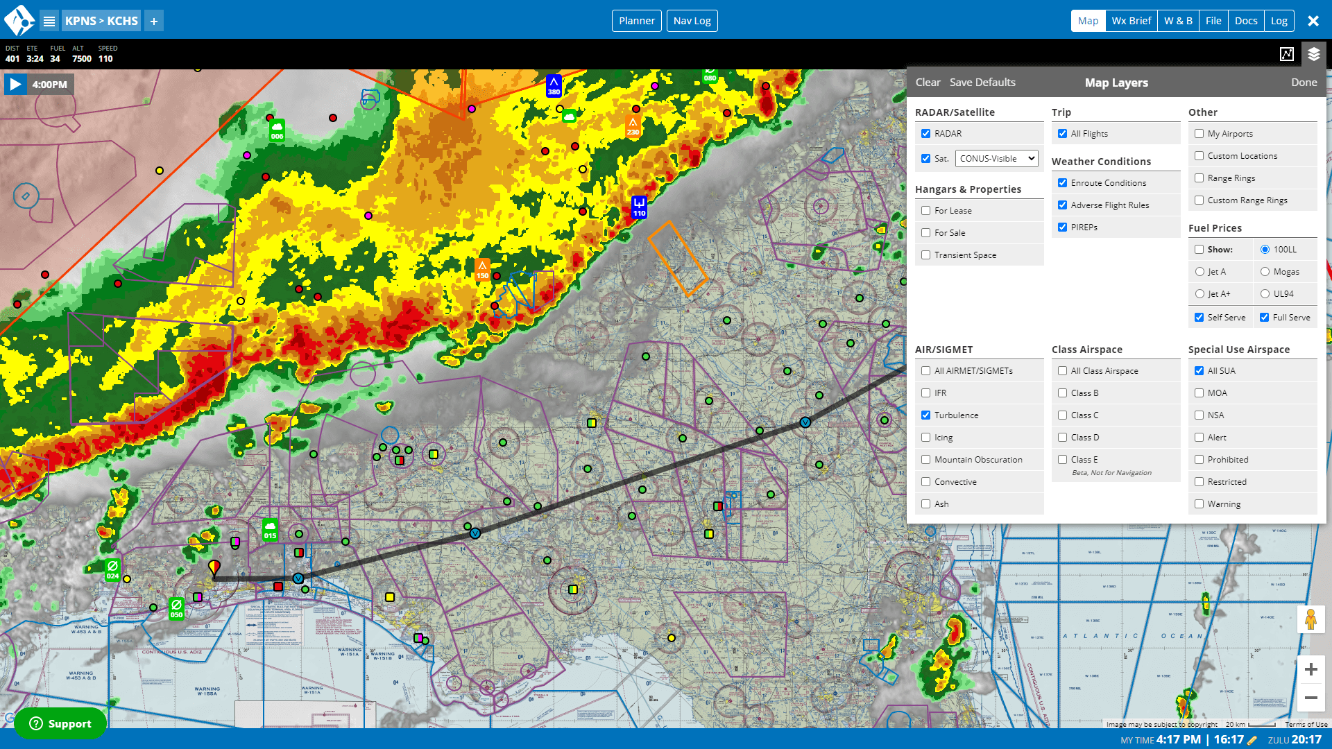 iFlightPlanner 或 iFlightPlanner for AOPA 通过 Baron 的航空气象服务提供当前准确的数据。